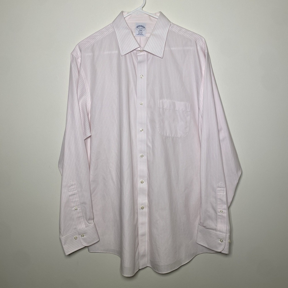 Brooks Brothers Regent Fit Dress Shirt 17 4/5 Pink Stripe Cotton Non Iron - Picture 2 of 6